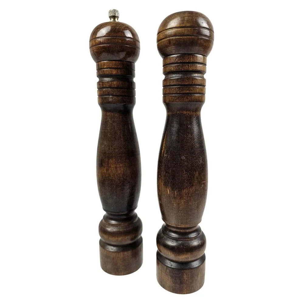 Vintage Dark Wood Salt Shaker and Pepper Mill Set 10 Inch Spindle Turned Brown